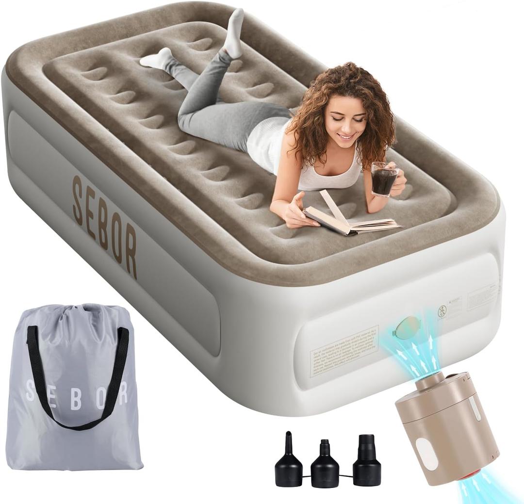 Air Mattress Twin with Built in Pump, 18" Ultimate Comfort Blow up Mattress Twin with Rechargeable Pump, Colchon Inflatable Mattress for Home & Guest, Air Bed 330lbs Max (Khaki)