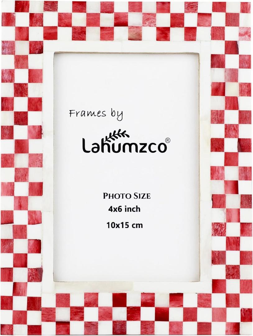 Lahumzco 4x6 Bone Inlay Picture Frame – Handmade Imperfect Checkered Pattern Photo Frame for Tabletop & Wall Decor, Vintage Art-Inspired Design, Red & White, Christmas Decorative Gift Frame