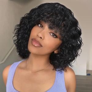 HUA Curly Wig With Bangs Human Hair for Black Women Glueless 12 Inch Water Deep Wave Bob Human Hair Wigs With Bangs for Black Women Short Curly Human Hair Wig With Bangs 180% Density (1B)