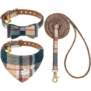 EXPAWLORER Puppy Collar and Leash Set - Embroidered Pawprints Plaid With Bow Tie, Bandana, and Bell for Dogs Cats Outdoor Walking, Khaki XS