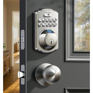 Veise Fingerprint Door Lock with 2 Knobs - Keyless Entry Door Lock with Handle, Electronic Keypad Deadbolt, Smart Front Handle Set, Auto-Locking, Waterproof, Easy Installation, Satin Nickel