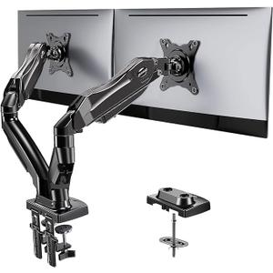 Dual Monitor Stand - Adjustable Desktop Monitor Stand for 17-27 Inch Screens, Dual Gas Spring Arm VESA Mount, Each Arm Holds 4.4-14.3 lbs with Clamp, Grommet Mount Base