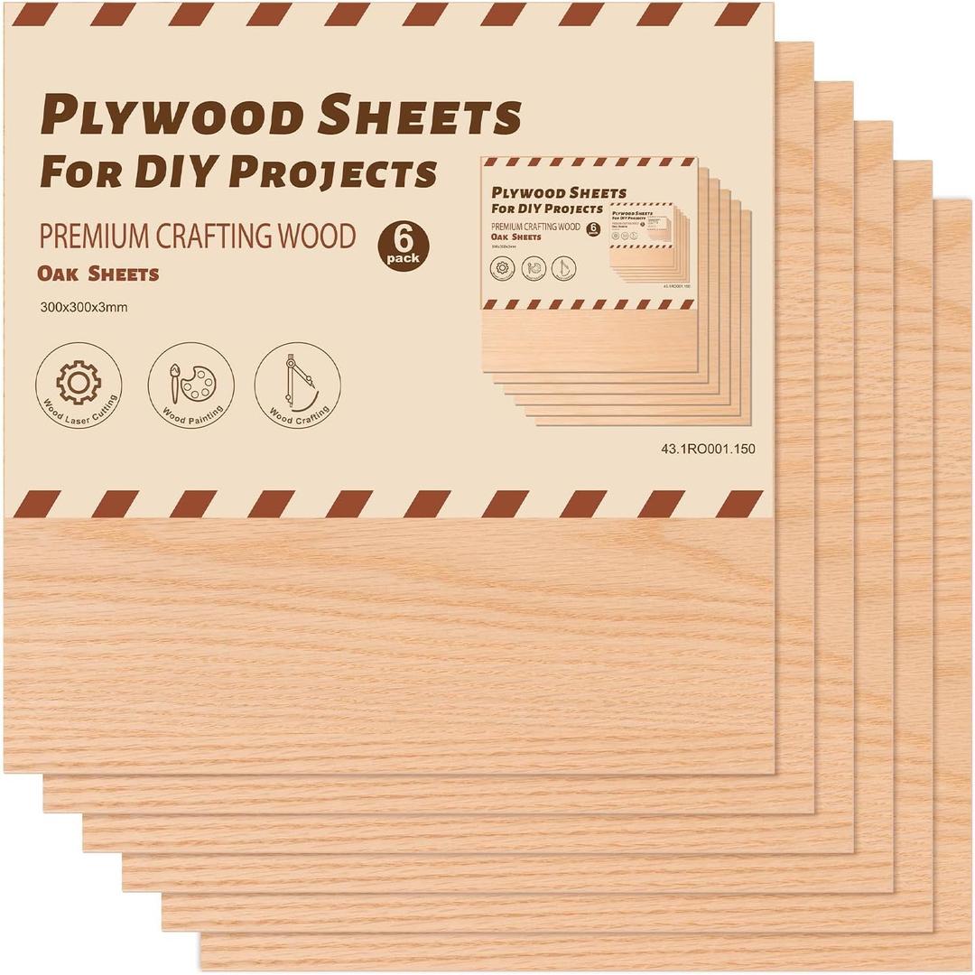 ROBOTIME 6-Pack Laser Wood Sheets 1/8" - 12 x 12 x 1/8 Inch - Oak - 3mm Plywood for Laser Cutting, Laser Engraving Blanks