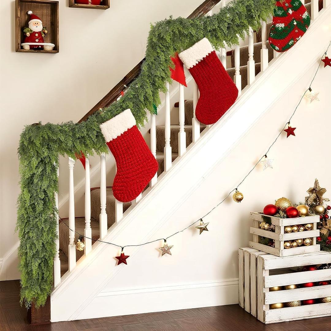 Real Touch Christmas Cedar Garland -16ft Artificial Garlands Faux Cedar Fake Pine Needles Garland for Fireplace, Table, Window, Stairs, Mante, Holiday Indoor Outdoor Xmas Decor(1PCS)