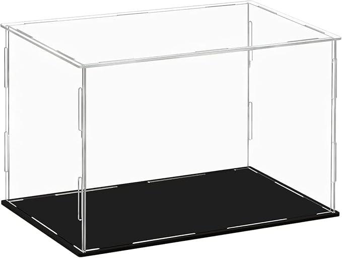Clear Acrylic Display Case,Self-assembly Display box with black acrylic base,Countertop Box Cube Organizer Stand Riser Dustproof Protection Showcase for action Figure toy Collectibles(14*12inch)