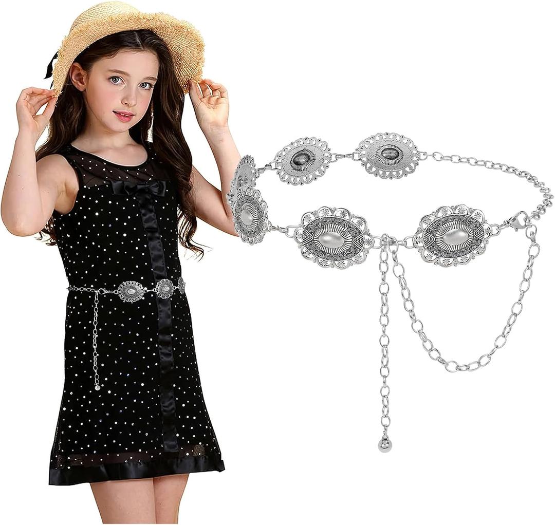 Kids Metal Waist Chain Belt Fashion Cute Body Belly Link Belt Chain for Girls Dress Skirts (Fit waist size 18"-26", Silver)