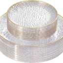 Rubtlamp 60Pcs Clear Plastic Plates,Clear Disposable Plates With Gold Rim,Heavy-duty Gold Plates,Hammered Party Plates Include 30Clear Dessert-Platos,30Dinner-Platos for Wedding, Party