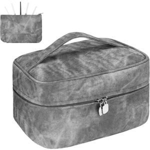 Makeup Bag, Portable Cosmetic Bag, Large Capacity Travel Makeup Case Organizer,Stylish Denim-Look Toiletry Bag for Women Girls With Handle and Removable Pouch (Grey)