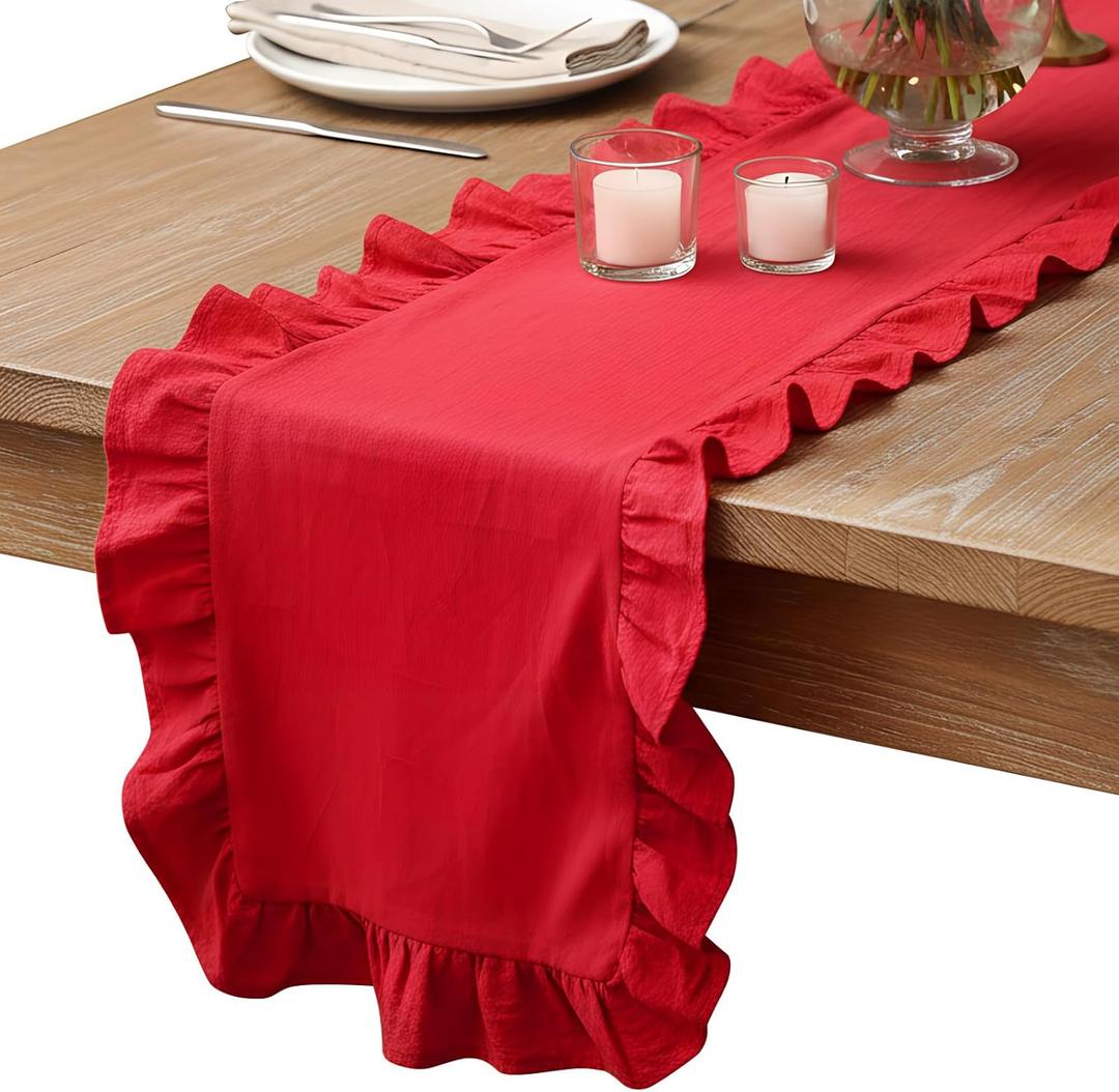 Oudain Red Ruffle Table Runner Cotton Fabric 118 x 13.8'' Farmhouse Rustic Ruffled Edge Table Runner Wedding Decor for Spring Baby Shower Bridal Shower Party