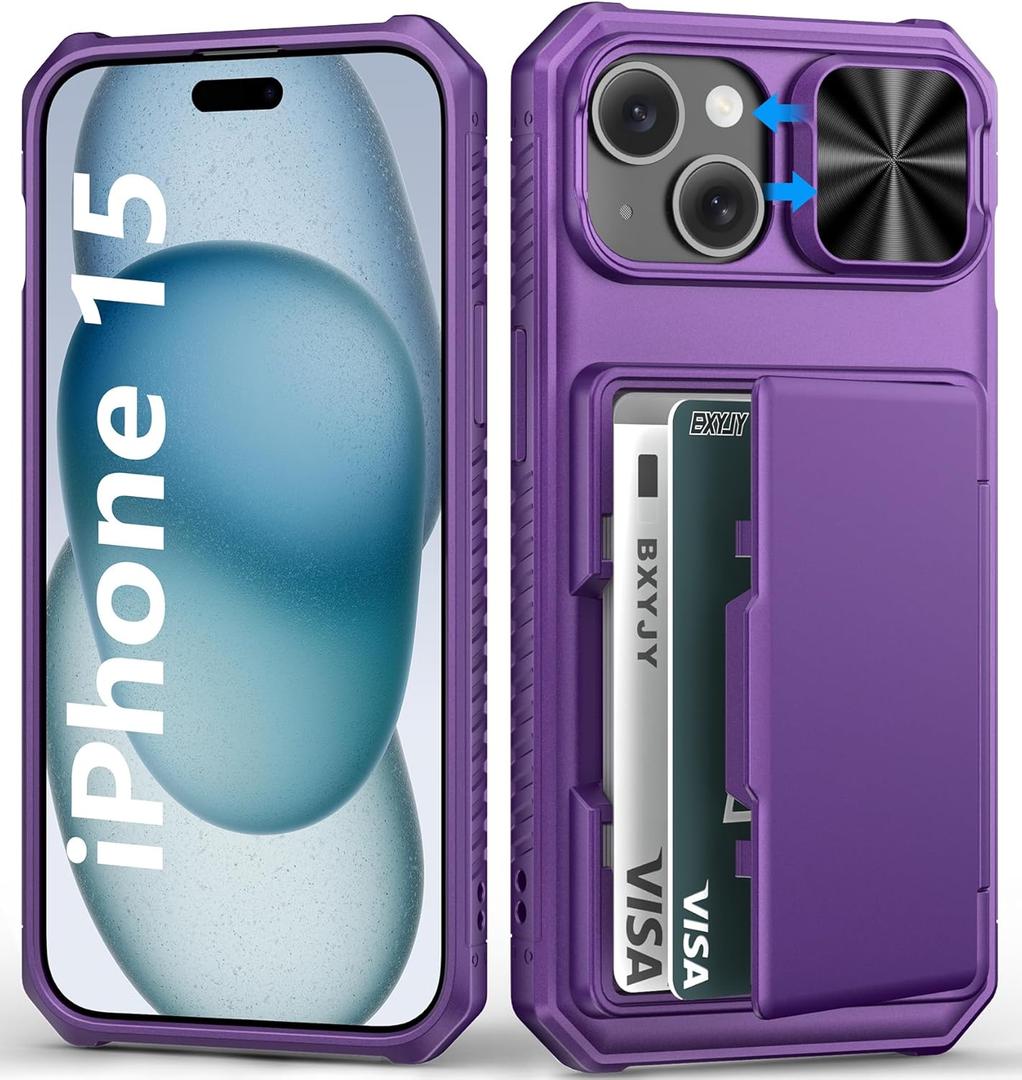 BXYJY for iPhone 15, iPhone 14, iPhone 13 Case Wallet, Built-in Card Holder(4-5 Cards), Slide Camera Cover, Military Grade & RFID Protection, Heavy Duty Phone Case for iPhone 15/14/13, Dark Purple