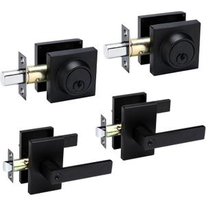 Black Exterior Door Lock Set, Front Door Lock Set with Deadbolt, Square Contemporary Matte Black Front Door Lock Sets, Heavy Duty Zinc-alloyed Exterior Door Handle (2 Pack)