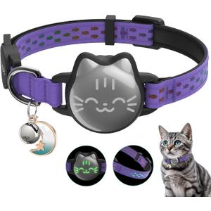 Waterproof Airtag Cat Collar, Breakaway Cat Airtag Collar with Luminous & Reflective Pattern Strap, Lightweight Kitten Collars for Apple Air tag, Hidden Holder for GPS Tracker - Cats, Kittens (9-13") (Regal Purple)