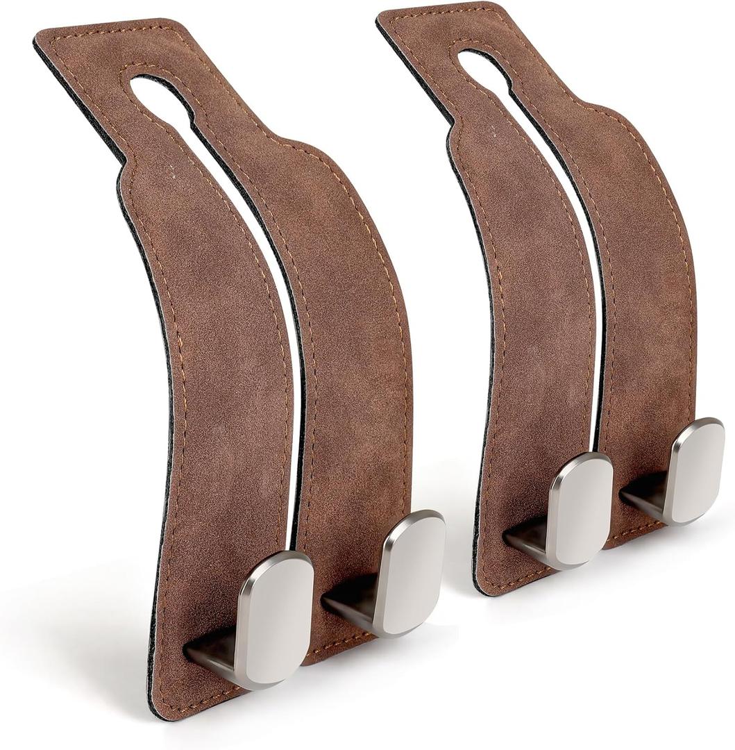 Car Hooks for Headrest - Universal Fit Seat Hooks, Soft Leather & Built-in Stainless Steel - Brown (2 Pack)