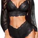 RSLOVE Women Sexy Lingerie Set 3 Piece Lace Kimono Robe with Bra and Panty Sheer Sleepwear, Size XL