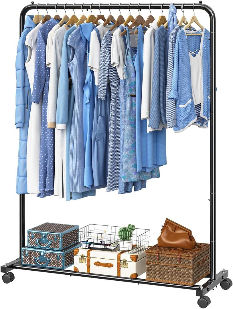 Simple Trending Clothing Rack for Hanging clothes, Portable Garment Rack with Bottom Shelf, Metal Clothes Rack on Wheels for Bedroom, Laundry Room, Black