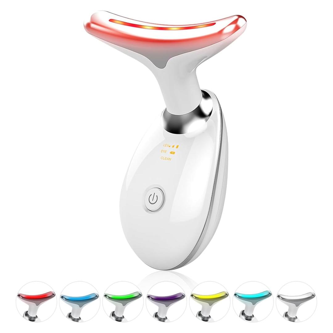 Face Light Therapy Device, Based on Triple Action LED, Thermal, and Vibration Technologies, Face and Neck Beauty Device with 7 Color LED for Home Use, Improve Skin(Glossy White)