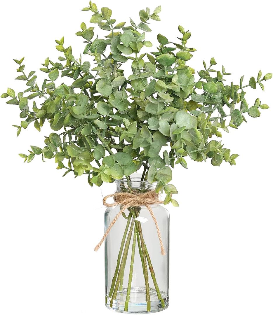 Zheart Fake Eucalyptus Stems in Glass Vase with Faux Water, 14" Artificial Plants Eucalyptus Leaves for Shelf Desk Bathroom Farmhouse Room Coffee Table Home Decor (Sage Green)