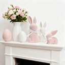 WDS WONDROUS Easter Decorations Set of 5, 3 Flocked Bunny Figurines & 2 Egg Statues, Resin Sculptures Tabletop Decor for Spring Farmhouse Mantel, Pink & White Easter Bunny Gifts, Cute Home Decor