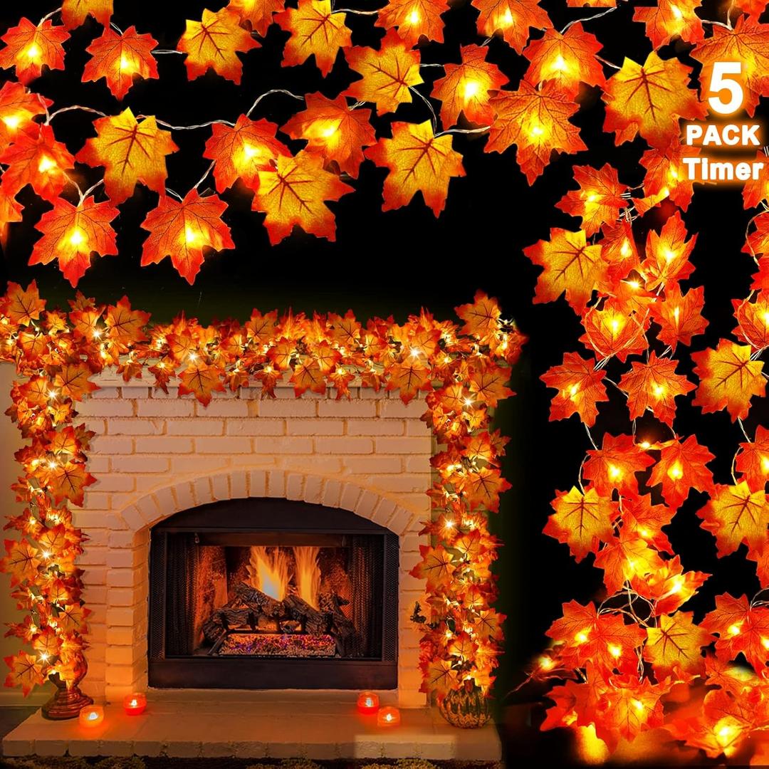 Timer - Thanksgiving Decor, 5 Pack Fall Garland Lights Total 100LED 50Ft Enlarged Maples Leaf Garland String Lights Battery Operated Thanksgiving Garland for Home Indoor Outdoor Halloween Christmas
