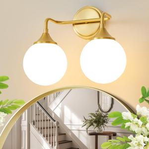 Gold Bathroom Light Fixtures, Modern Vanity Lighting Over Mirror, Mid Century Modern Matte Black Wall Sconce 2-Light with Milky White Glass Ball Shades