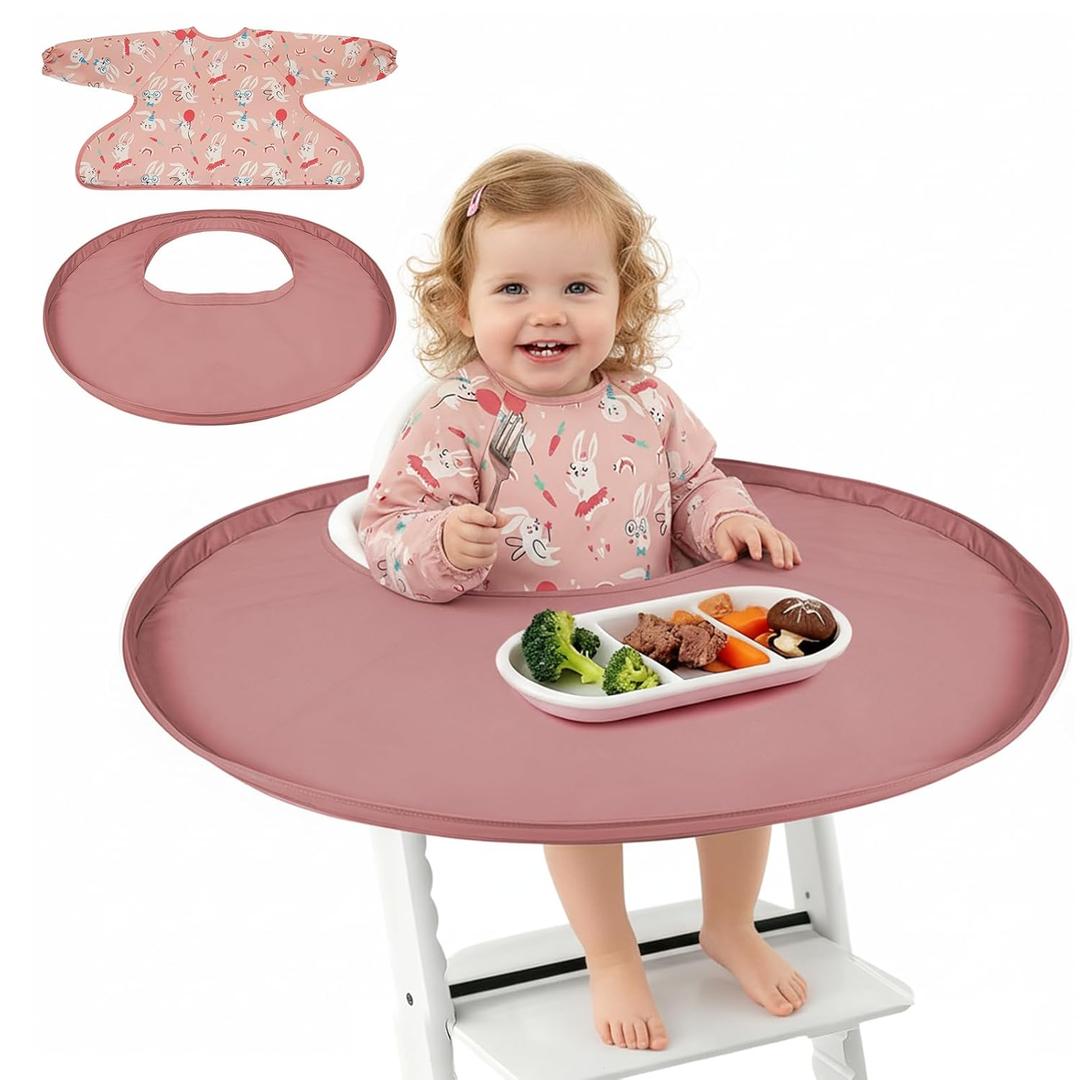 RICHER HOUSE Coverall Baby Feeding Bib, for High Chair Food Catcher, Long Sleeves Eating Bib for Highchair and Table, Detachable, Waterproof, Baby Bibs for Babies from 6 Months to 3 Years, Pink