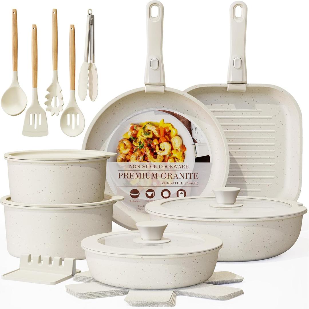 Astercook 23 Pcs Pots and Pans Set Non Stick, Ceramic Cookware Set Detachable Handle, RV Kitchen Cooking Set Removable Handles, Oven Safe, Induction Ready, Stackable, Cream White, Mothers Day Gifts