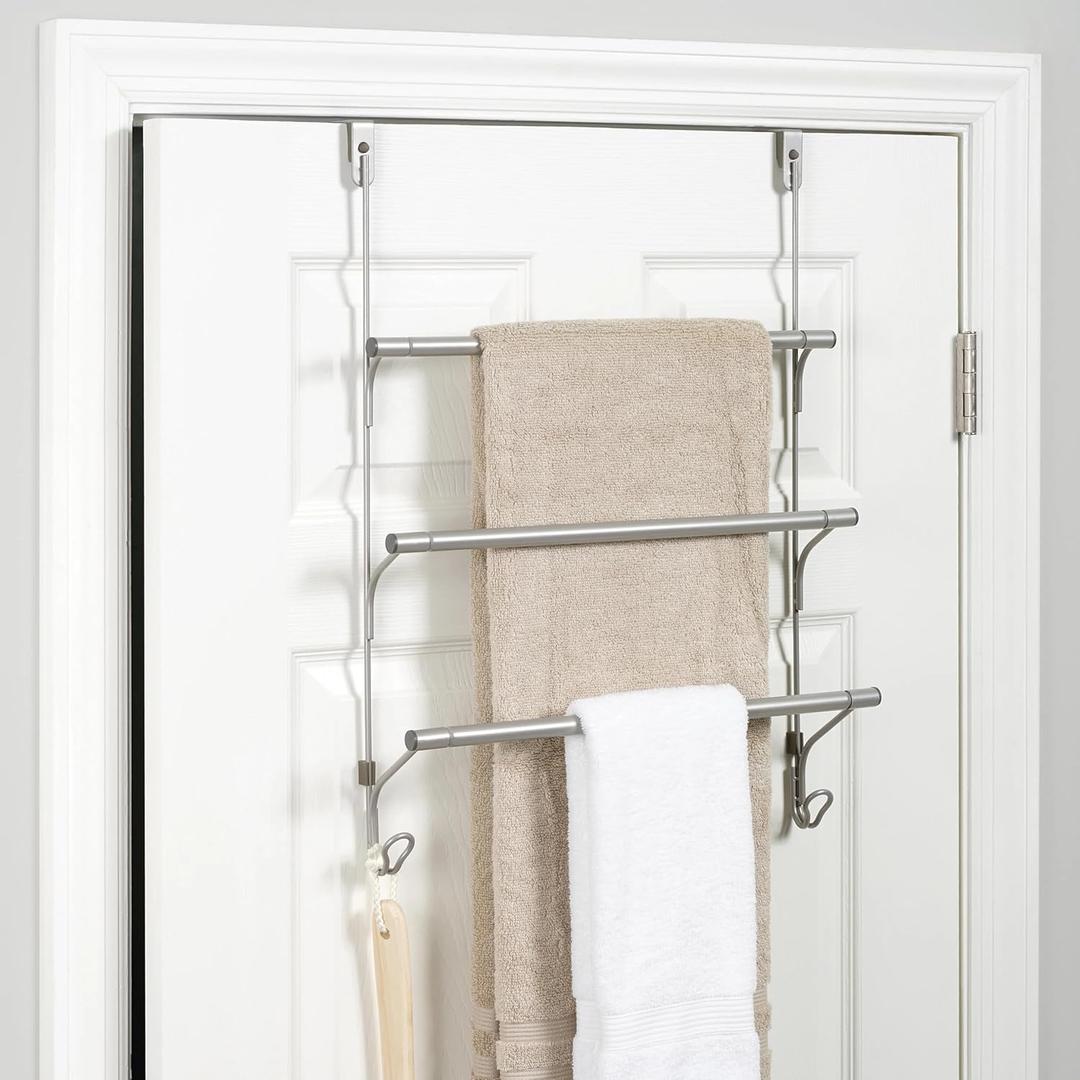 Over-The-Door Towel Rack, 3-Tier Bars with 2 Hooks, Satin Nickel, 24 x 17 x 6 inches
