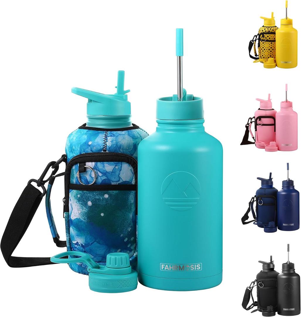 FAHRMOSIS 64 Oz Insulated Water Bottle with Strap Stainless Steel Sports Water Bottle with 3 Lids (Straw, Chug and Flip Lid) Leak Proof Metal Half Gallon Jug for Men & Women - Teal