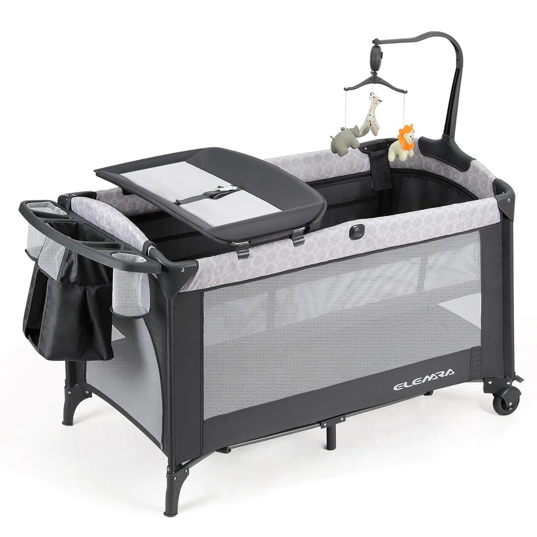 ELEMARA Baby Bassinet Bedside Crib with Diaper Changer, Pack and Play with Mattress for Baby，4 in 1 Playpen Travel Bed with Storage,Playard with Adjustable Height, Mfg. Date: 08/20/2024