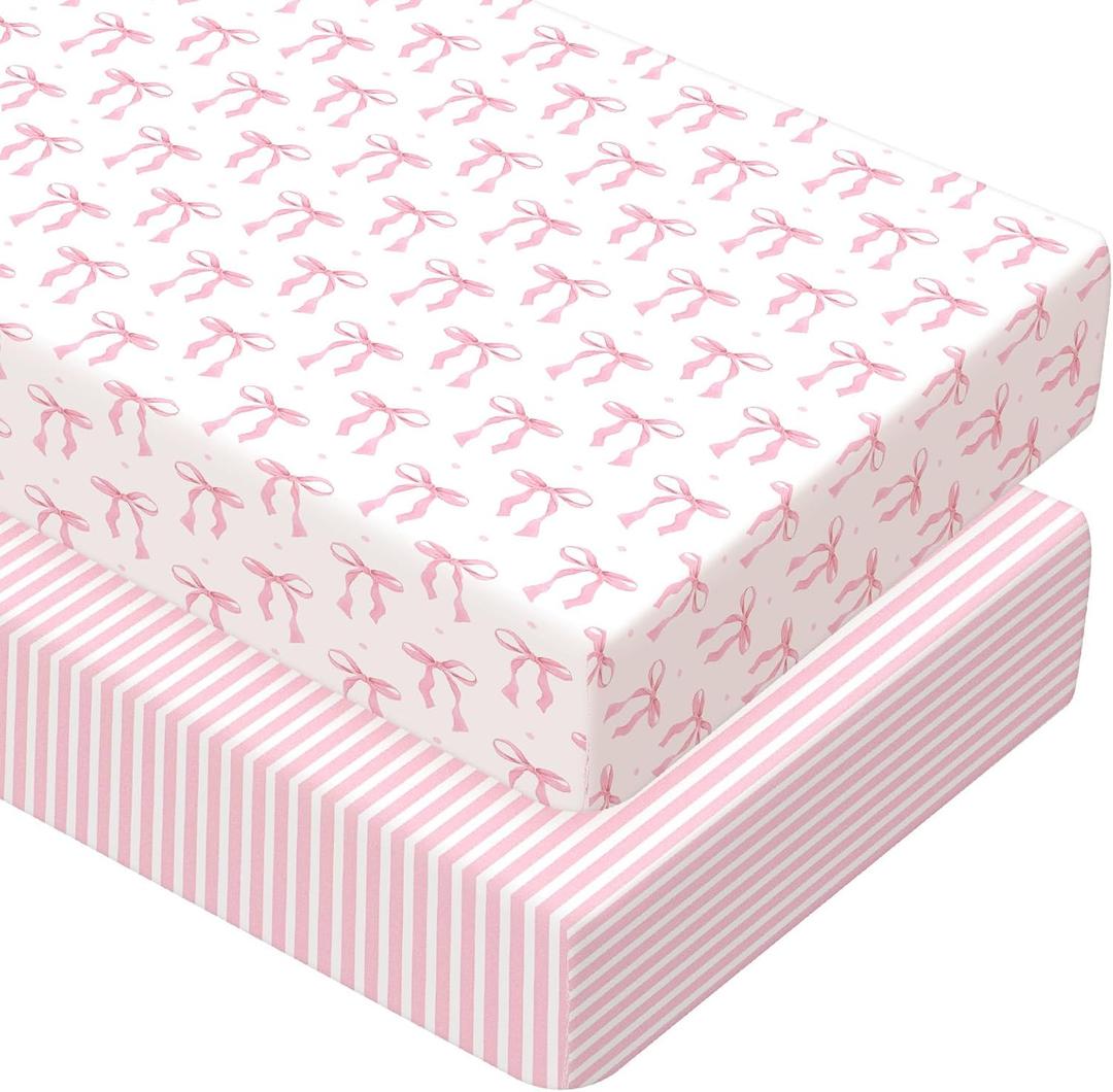 Peryiter 2 Pack Crib Sheets for Girls Boys Coquette Bed Sheet Set Fitted 52'' x 28" for Standard Crib Mattress Stretchable Soft Toddler Aesthetic Nursery Decor (Bow,Pink)