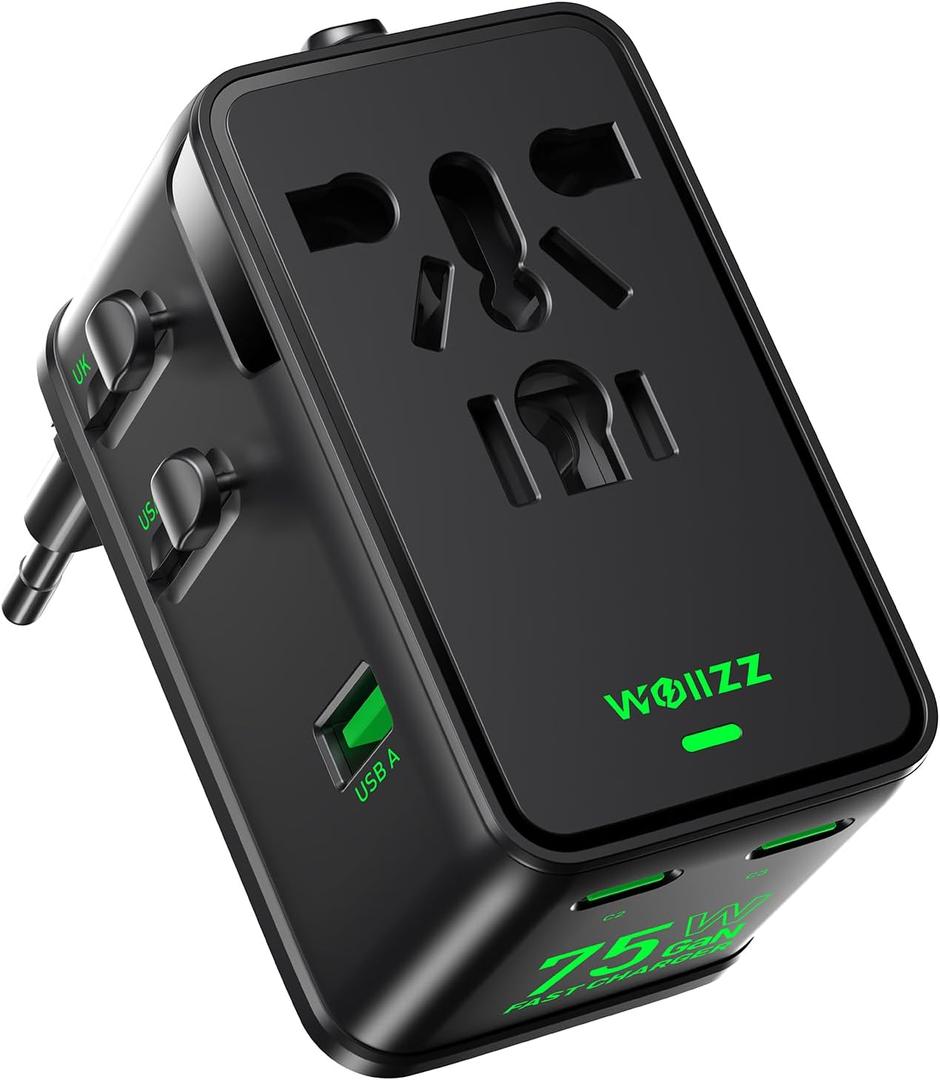 75W Universal Travel Adapter, GaN Fast Charging International Power Adapter Worldwide Charger with 5 Ports 1 AC, 1 USB-A, and 3 USB-C Ports Plug Adapter for USA European UK AUS Japan