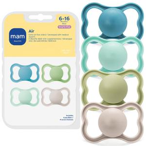 MAM Air Pacifier for Babies 6-16 Months, Extra Air Flow for Sensitive Skin, Developed with Medical Experts, BPA-Free Skin Soft Silicone, 4 Count, Made in Europe (Blue Teal/Peppermint Green/Pale Mint/Dune)