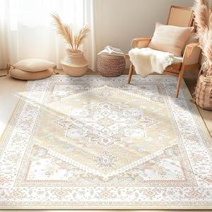 BESTSWEETIE 6x9 Area Rugs for Living Room Washable Non Slip Carpet Low Pile Soft Vintage Print Pattern Rug for Bedroom Dining Room Kitchen Entryway Indoor-Cream/ Light Yellow/ Brown/ Blue/ Red/ Pink
