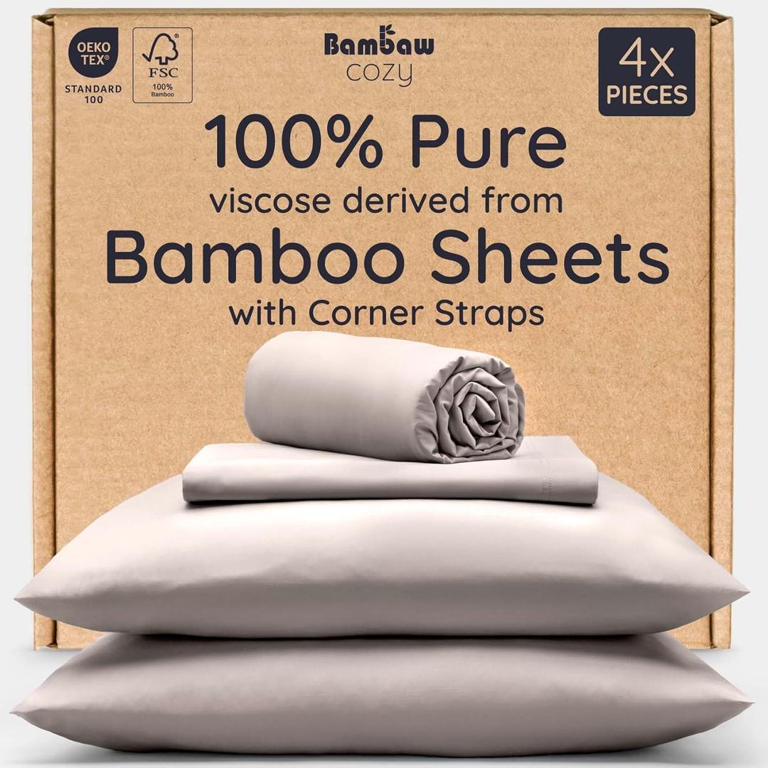 Bambaw 100% Viscose Derived from Bamboo Sheets Queen Size Set  4pcs Cooling Sheets for Hot Sleepers, Soft Deep Pocket Queen Sheet Set Fits Up to 16'' with Elastic Corner Straps (Sand)