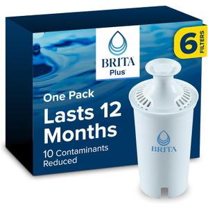 Brita Plus Water Filter, BPA-Free, High-Density Replacement Filter for Pitchers and Dispensers, Reduces 2x Contaminants*, Lasts Two Months or 40 Gallons, Includes 6 Filters