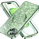 Misea Magnetic for iPhone 15 Plus Case Compatible with MagSafe [Military Grade Drop Protection] Full Camera Lens Protector Plating Glitter Soft Phone Case for Women Girls, Green