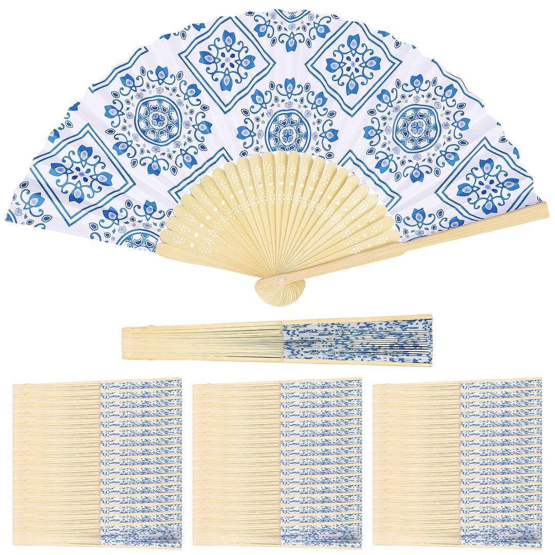 50pcs Blue Floral Hand Fan Paper Fans Handheld Bulk Fan for Wedding Guest for Wedding Fans for Guests Bridal Shower Wedding Bridesmaid Thank You Gift Decorations