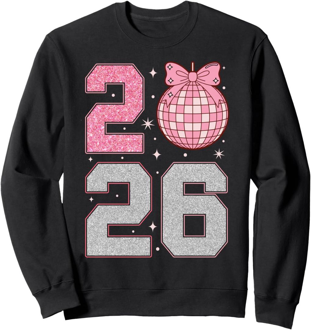 Happy New Year 2026 Disco Ball Pink Coquette Bow Family Sweatshirt Small