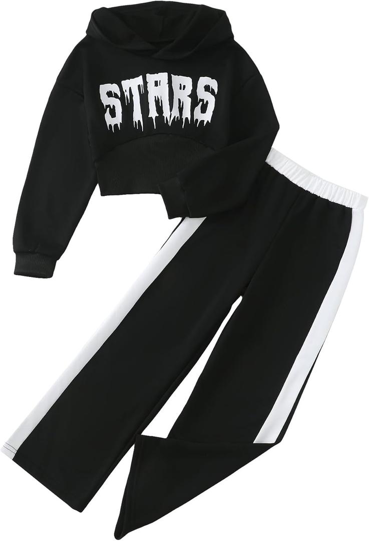 Girls' Clothing Set Crop Top Letter Hoodie Sweatpants Fall Winter Outfits Tween Girl Trendy Clothes Activewear 8-12 (Black)