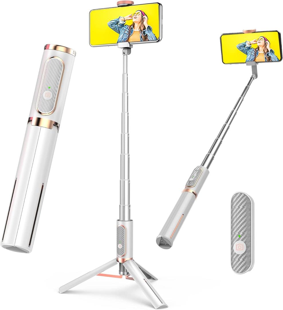 JUYOUYI Tripod for iPhoneSelfie Stick with Remote, Aluminum Alloy Best Foldable Mini Extendable Tripod Stand 270 Rotation Compatible with iPhone/Android Travel Essentials (White)