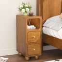 Narrow Nightstand with 2 Drawers, 10" Small Solid Wood Night Stand with Open Shelf, Walnut Mid Century Modern Nightstand, Slim Bedside Table for Small Spaces, Bedroom, Study, Office, 9.7*15*25.8 Inch