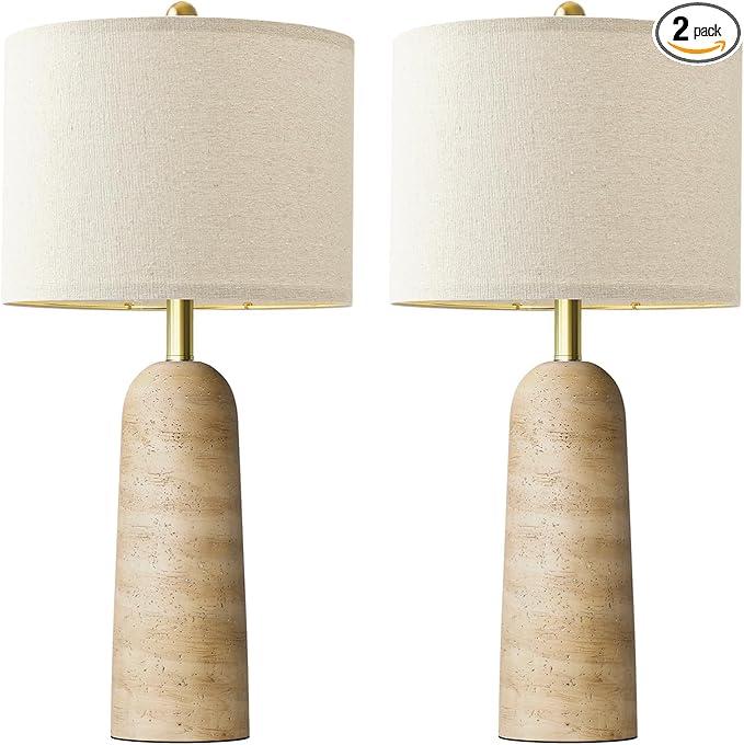 BOBOMOMO 27.25" Modern Table Lamp Set of 2, Warm Beige Resin Lamp with Natural Stone Look, Lamps for Living Room with Linen Shades, Bedside Lamp for Bedroom, Living Room, Nightstand, Entryway