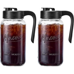 Mason Jar Pitcher - Airtight & Leakproof Glass Pitcher with Lid[set of 2], Perfect for Breastmilk, Cold Brew, and Sun Tea, 2 Quart (64 oz) Mason Jar with Pour Spout Lid (Black)