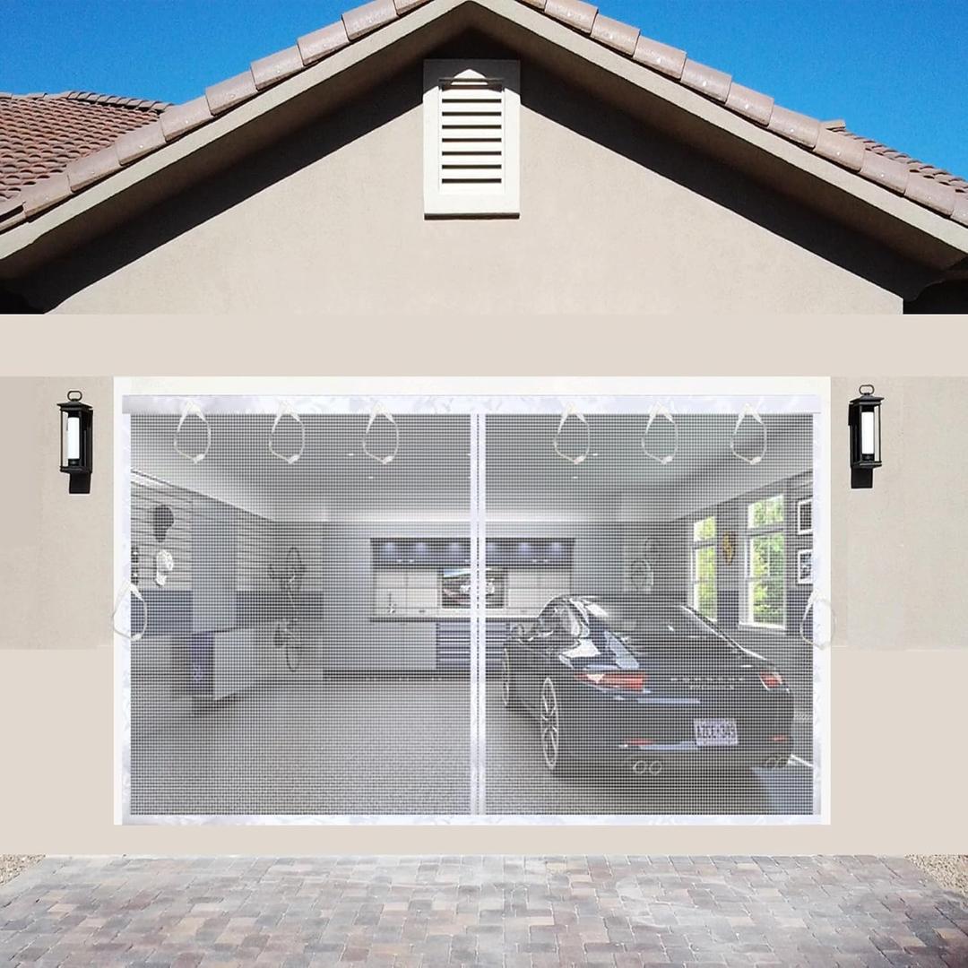 Magnetic Garage Door Screen Kit 16x8 FT White - Retractable Mesh Net Screen Door with Fiberglass Mesh for 2 Car Garage 16x8ft, Blocks Bugs & Provides Privacy - Perfect for Workshop Gym Patio