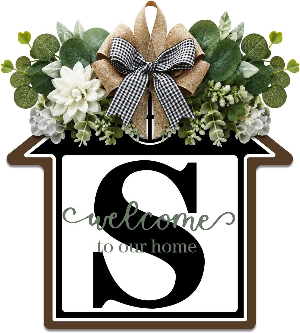 Large 14" Last Name House Front Door Wreath Decor for All Seasons, 26 Initial Letter Wreaths for Front Door Porch Welcome Garland and Eucalyptus Hanging Gift for Farmhouse Welcome Sign (S)