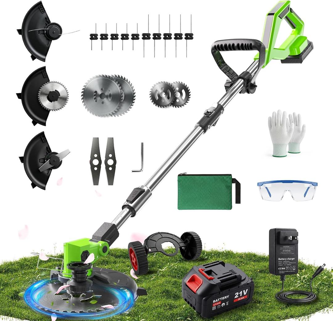 Cordless Weed Wacker, 4 in 1 Cordless String Trimmer with Wheels | 4 Type Replacement Blades, 21V Weed Eater , 2.6Ah Battery, Charge, Storage Bag, Foldable, Adjustable for Yard Garden Clearing