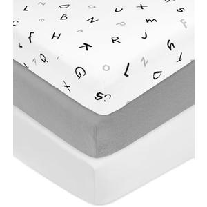 American Baby Company 3 Pack Printed 100% Cotton Jersey Knit Fitted Crib Sheet for Standard Crib and Toddler Mattresses, Alphabet/Gray/White, for Boys and Girls