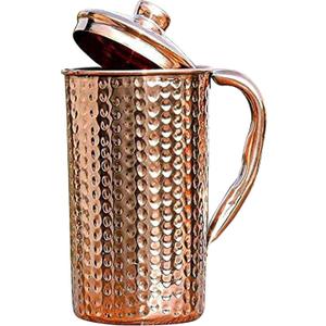 Pure Copper Water Pitcher with Lid – 40 oz (1200 ml) Hammered Copper Jug, Medium Size Solid Copper Carafe for Home, Hotel, Kitchen & Gifting