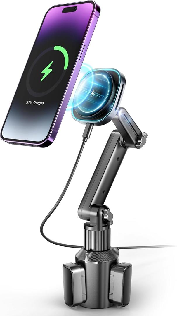 TOPGO Cup Phone Holder Wireless Charger, Magnetic Phone Holder Car Wireless Charger, Fast Charging for iPhone 17/17 Air/17 Pro/17 Pro Max, Galaxy - Black