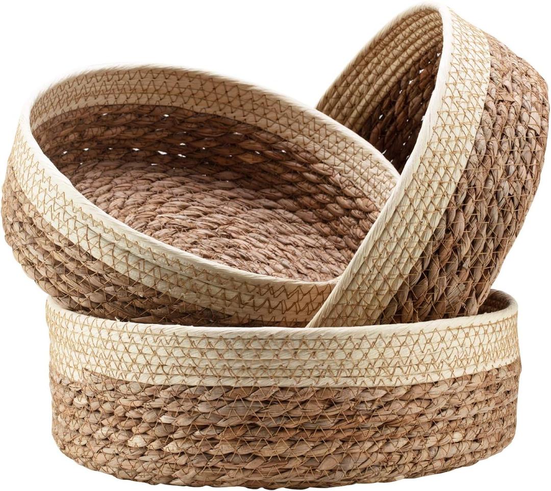 Round Rattan Baskets Set for Organizing Wicker Storage Basket for Fruit, Bread Serving Decorative Gift Baskets Empty, Countertop Baskets for Pantry and Bathroom (beige)